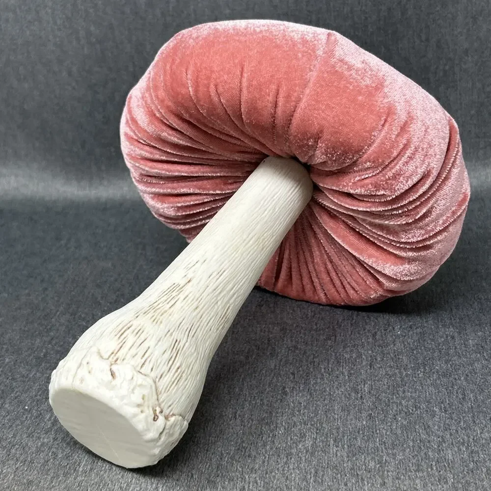 Velvet Mushroom Figurine Pink Plush Cottage Core Woodland Tabletop Decor 8 Inch